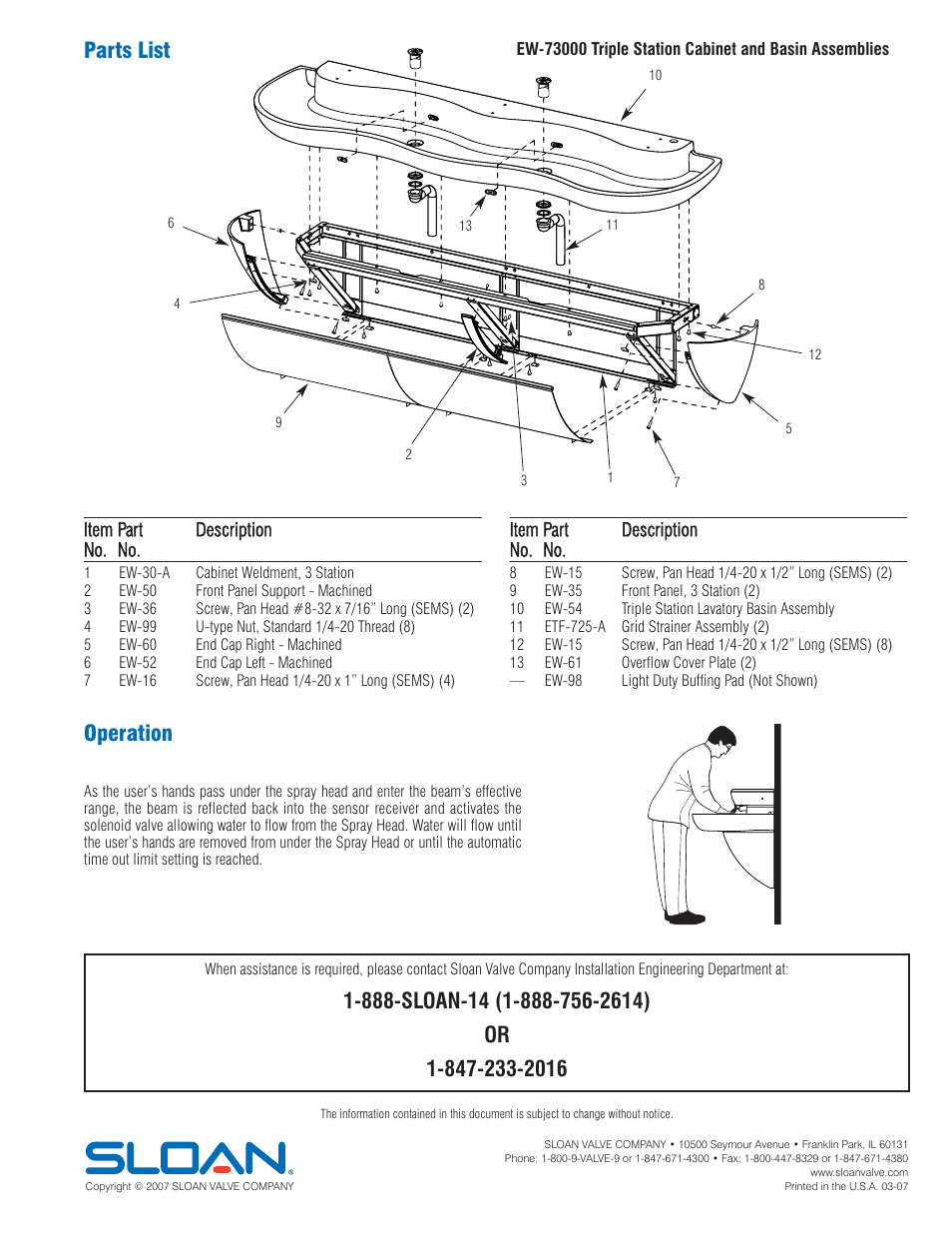 Parts list, Operation | Sloan EW-72000 Installaton User Manual | Page 11 / 11