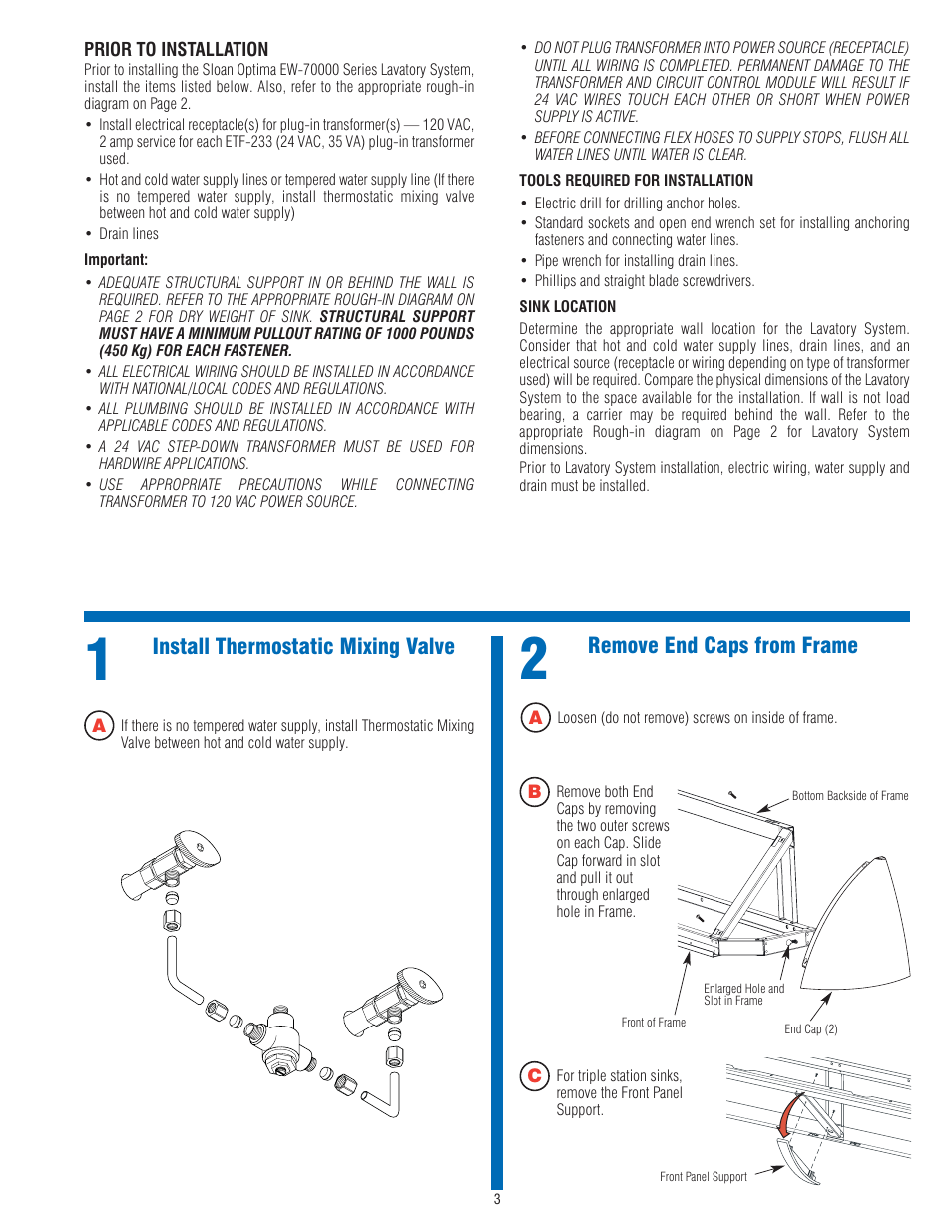 Install thermostatic mixing valve, Remove end caps from frame | Sloan EW-72000 Installaton User Manual | Page 3 / 11
