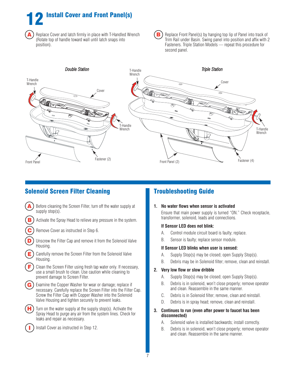 Troubleshooting guide, Solenoid screen filter cleaning, Install cover and front panel(s) | Sloan EW-72000 Installaton User Manual | Page 7 / 11