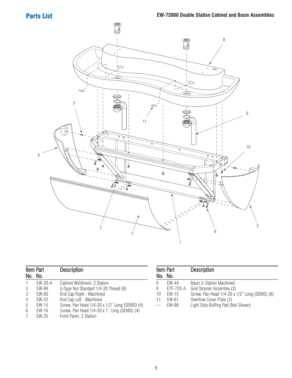 Parts list | Sloan EW-72000 Installaton User Manual | Page 9 / 11