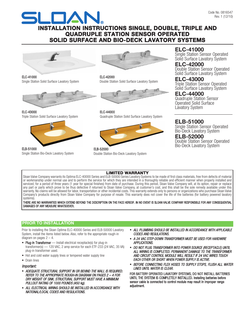 Sloan ELC-41000 Installaton User Manual | 8 pages