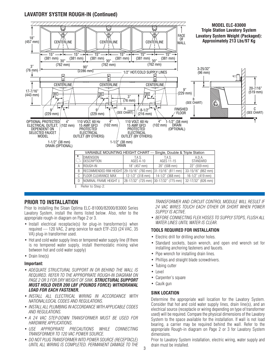 Prior to installation, Lavatory system rough-in (continued) | Sloan ELC-81000 Installaton User Manual | Page 3 / 8