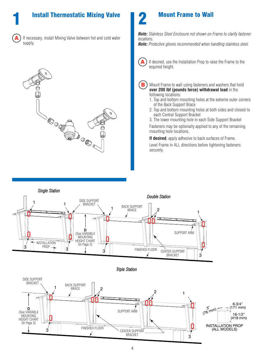 Install thermostatic mixing valve, Mount frame to wall | Sloan ELC-81000 Installaton User Manual | Page 4 / 8