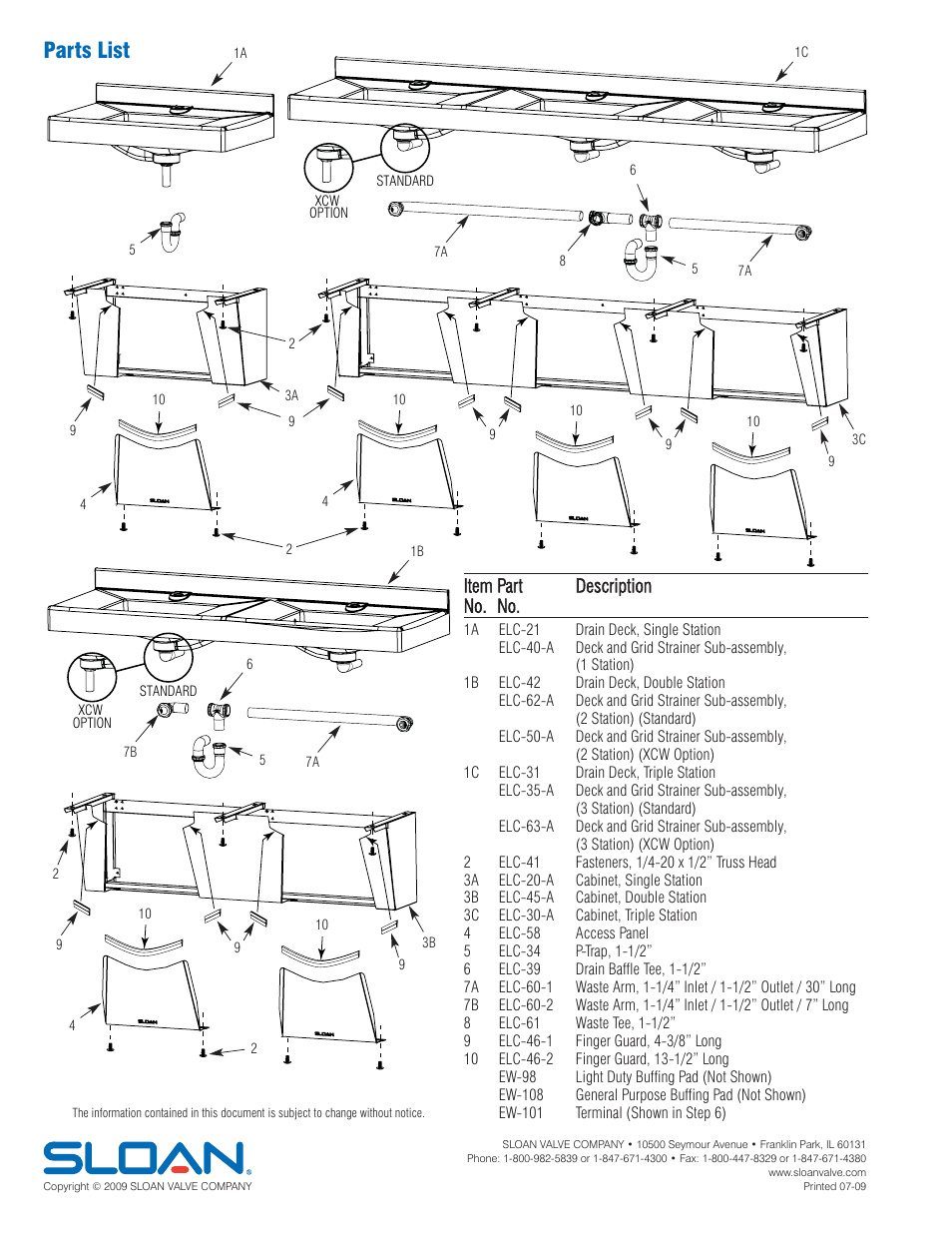 Parts list, Item part description no. no | Sloan ELC-81000 Installaton User Manual | Page 8 / 8