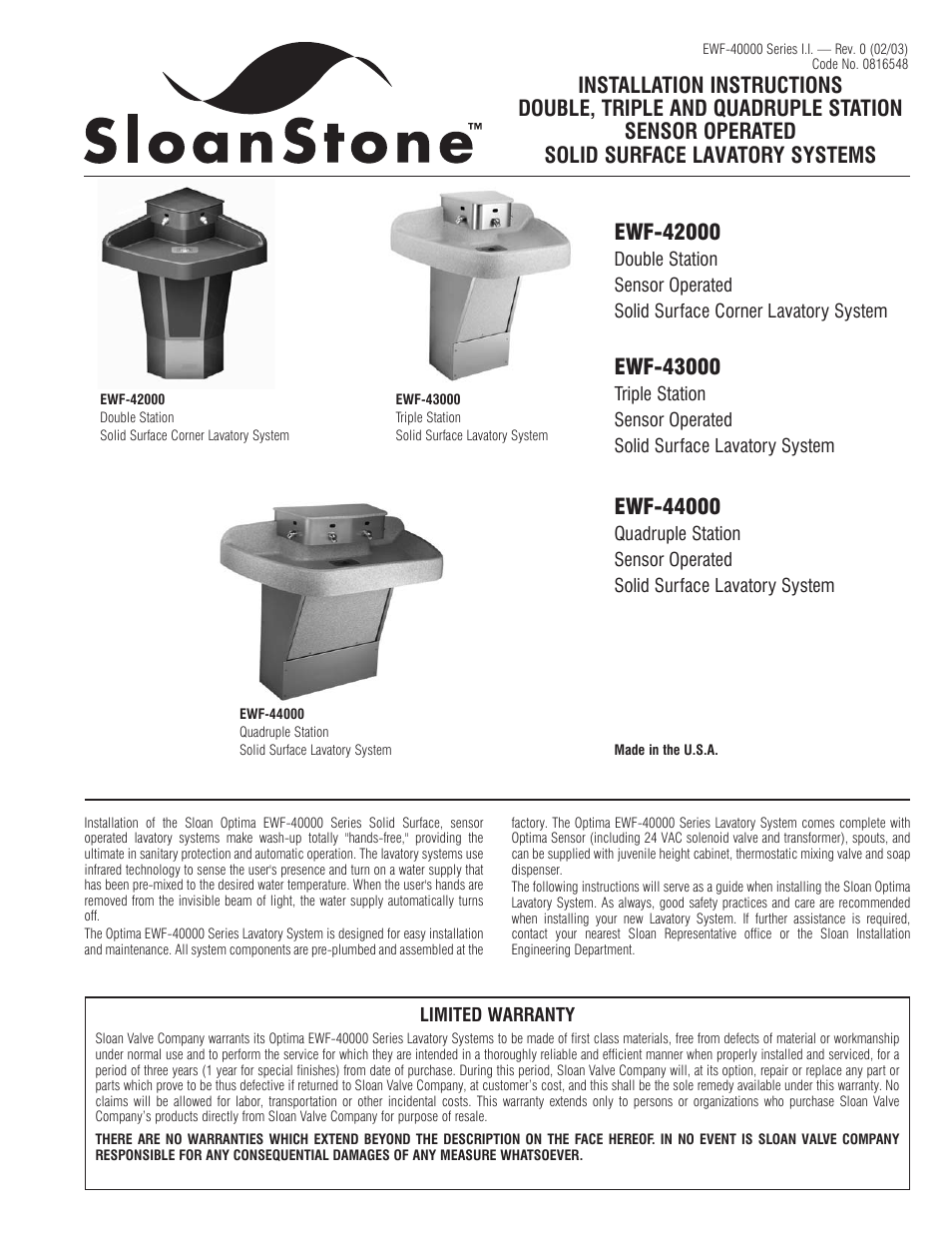 Sloan EWF-42000 Installaton User Manual | 6 pages