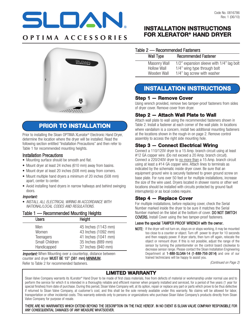 Sloan Xlerator HAND DRYER User Manual | 3 pages