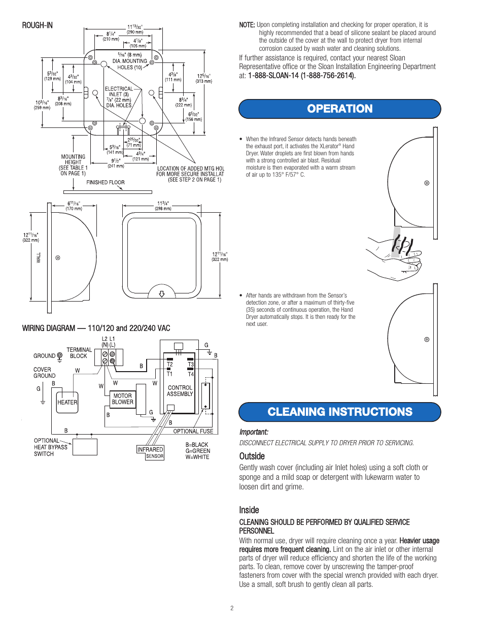 Cleaning instructions, Operation, Outside | Inside | Sloan Xlerator HAND DRYER User Manual | Page 2 / 3