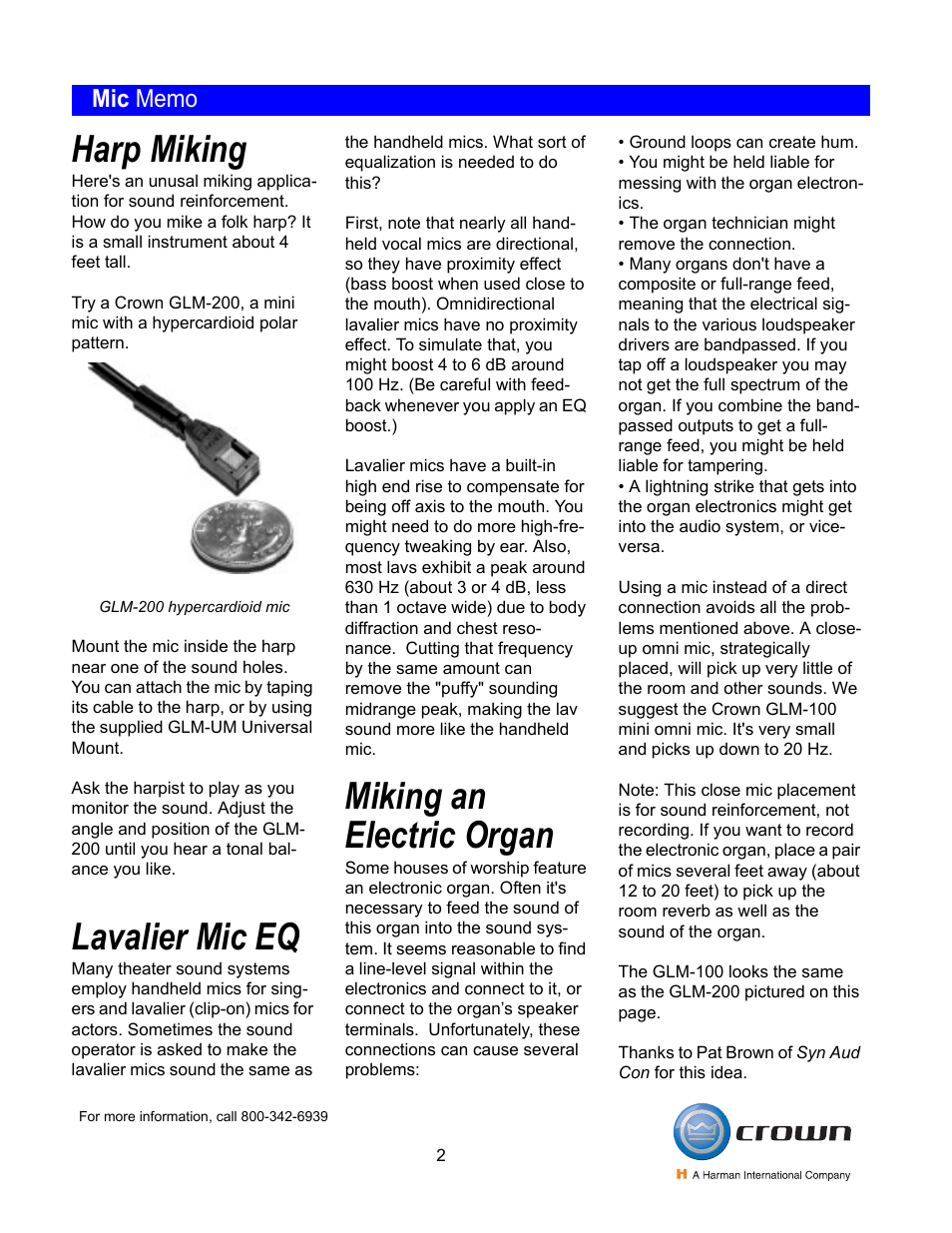 Harp miking, Glm-200 hypercardioid mic, Lavalier mic eq | Miking an electric organ | Crown CM-700 User Manual | Page 2 / 4