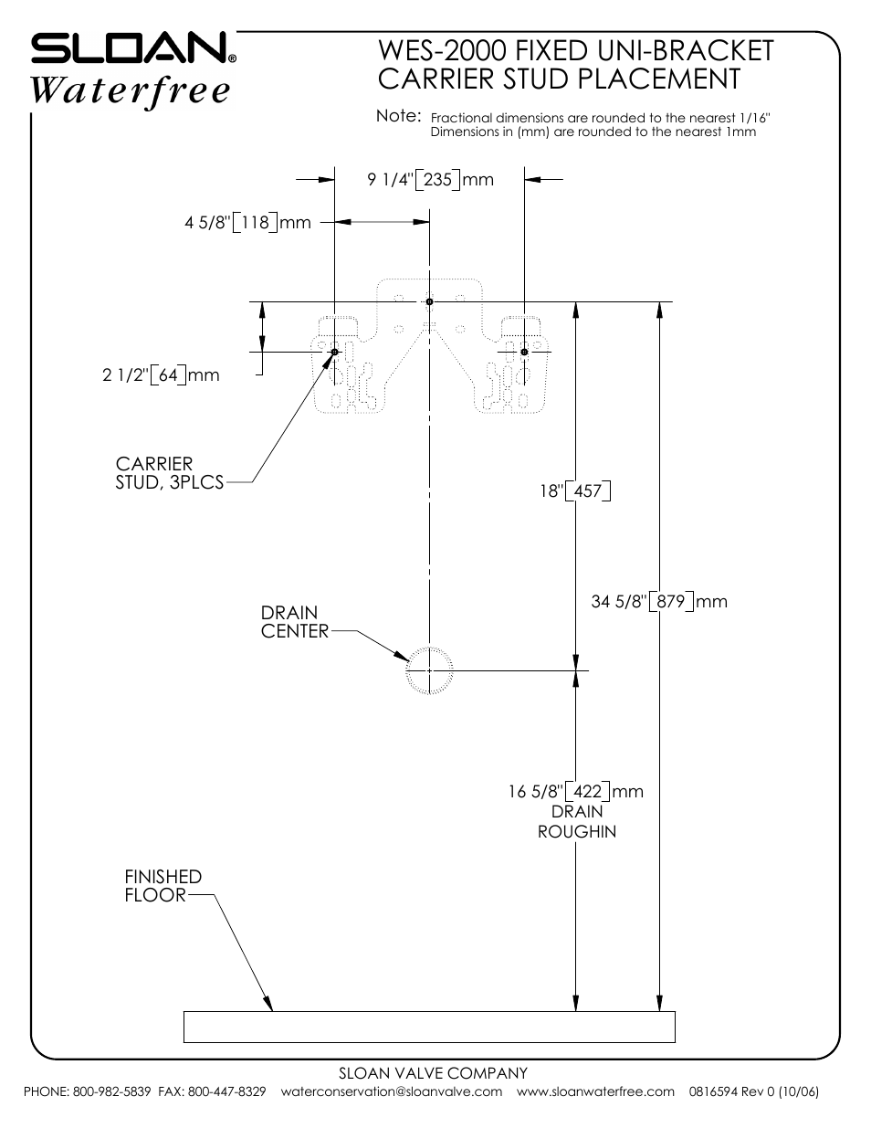 Sloan WES 2000 Carrier/Bracket Placement User Manual | 2 pages