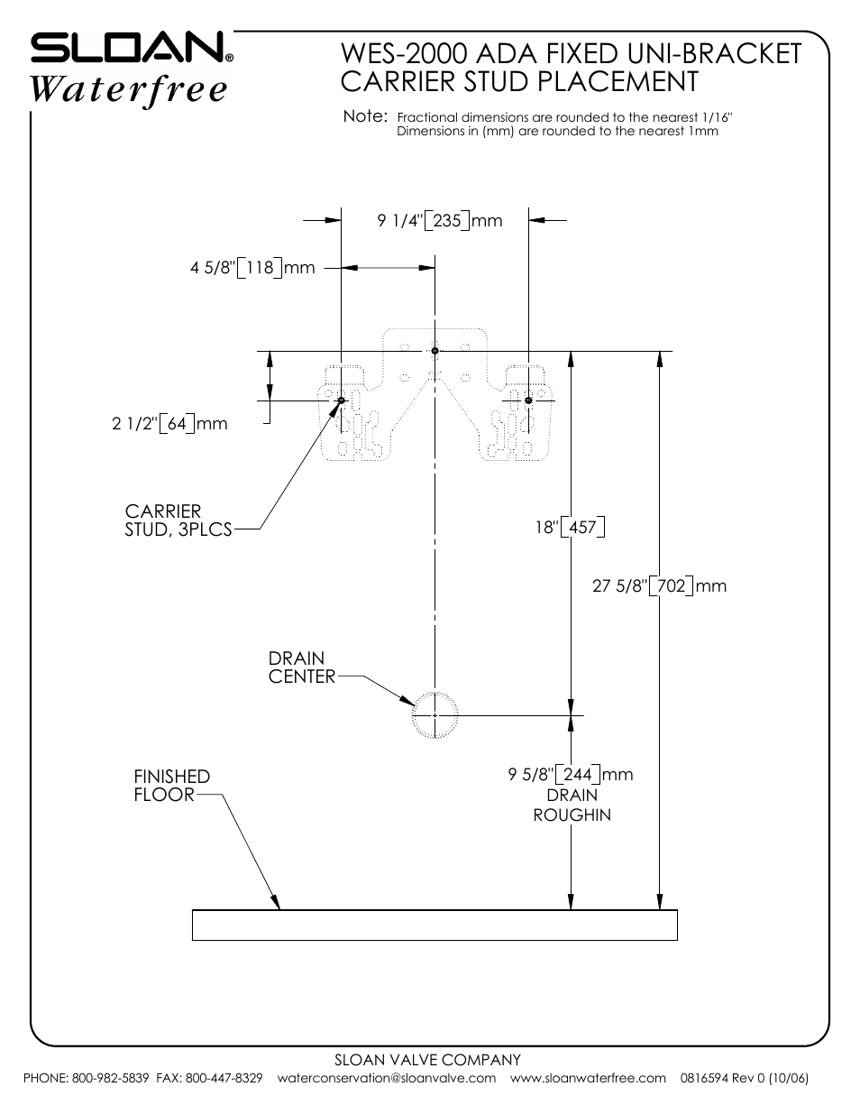 Sloan WES 2000 Carrier/Bracket Placement User Manual | Page 2 / 2