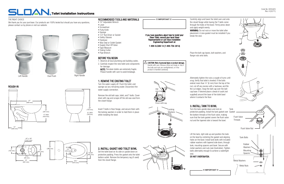 Sloan Toilet Bowl Installation for Two Piece Toilet Tank User Manual | 2 pages