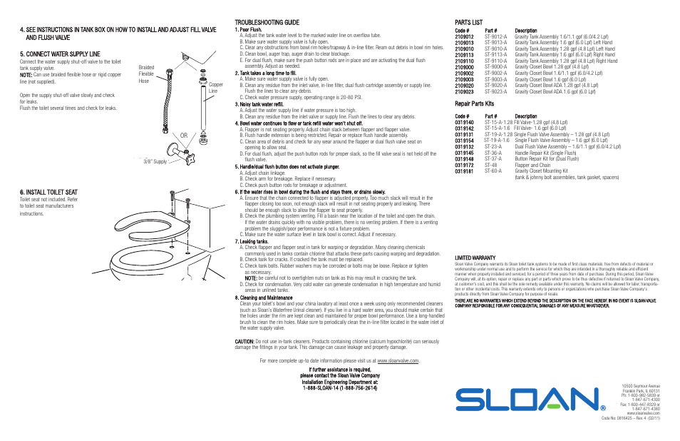 3/8” supply | Sloan Toilet Bowl Installation for Two Piece Toilet Tank User Manual | Page 2 / 2