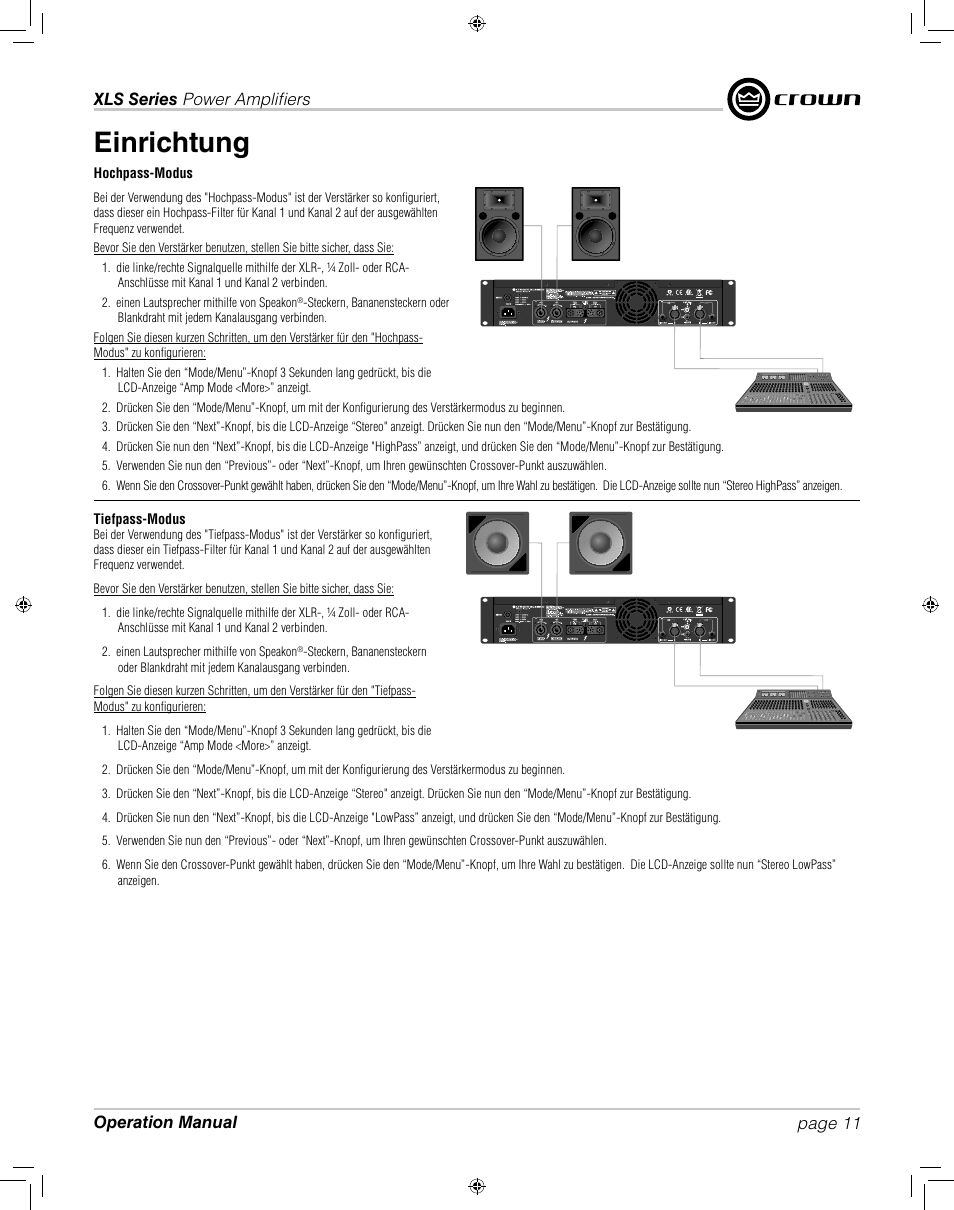 Einrichtung | Crown XLS 1000 User Manual | Page 11 / 38