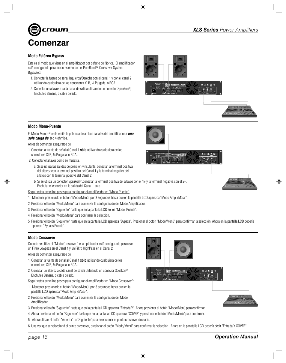 Comenzar | Crown XLS 1000 User Manual | Page 16 / 38