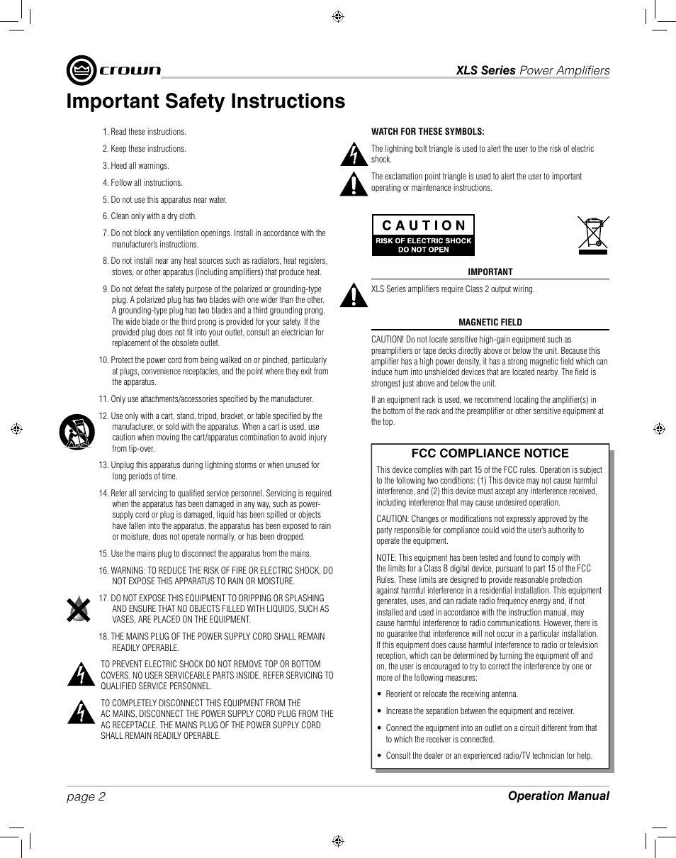 Important safety instructions, Fcc compliance notice | Crown XLS 1000 User Manual | Page 2 / 38