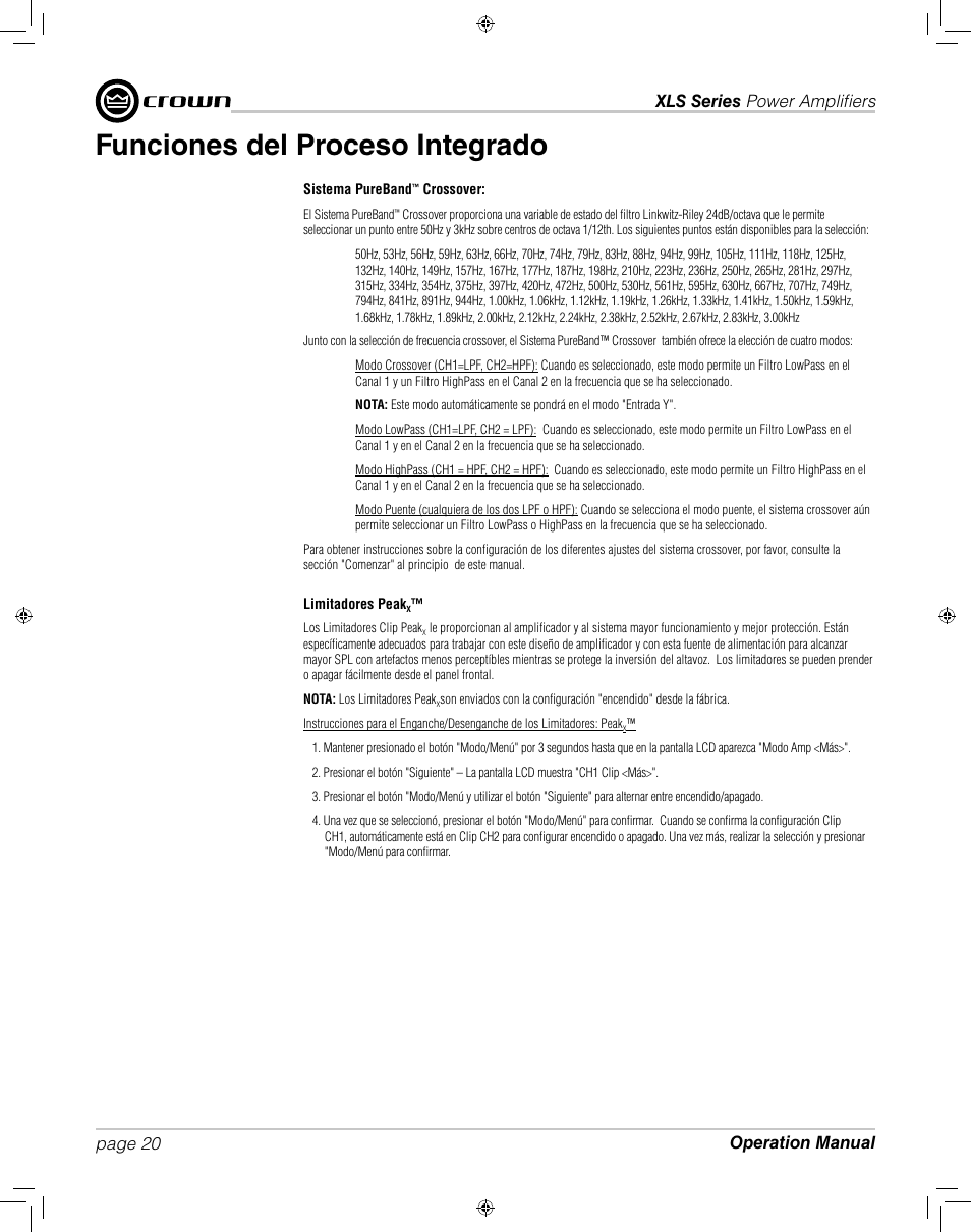 Funciones del proceso integrado | Crown XLS 1000 User Manual | Page 20 / 38