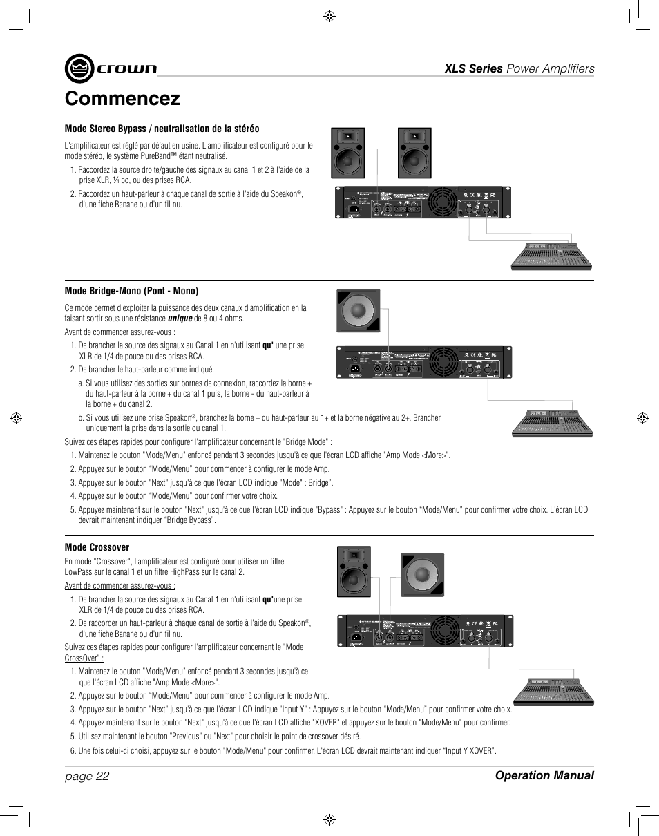 Commencez | Crown XLS 1000 User Manual | Page 22 / 38