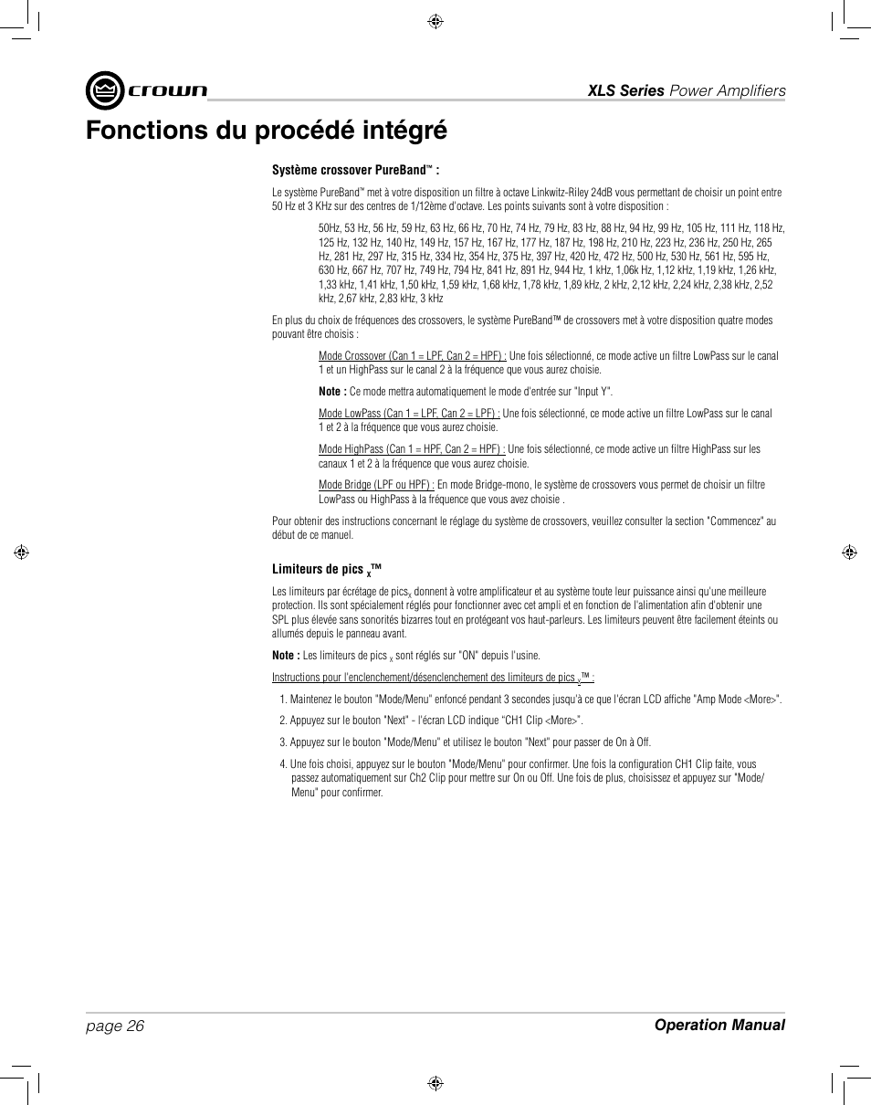 Fonctions du procédé intégré | Crown XLS 1000 User Manual | Page 26 / 38