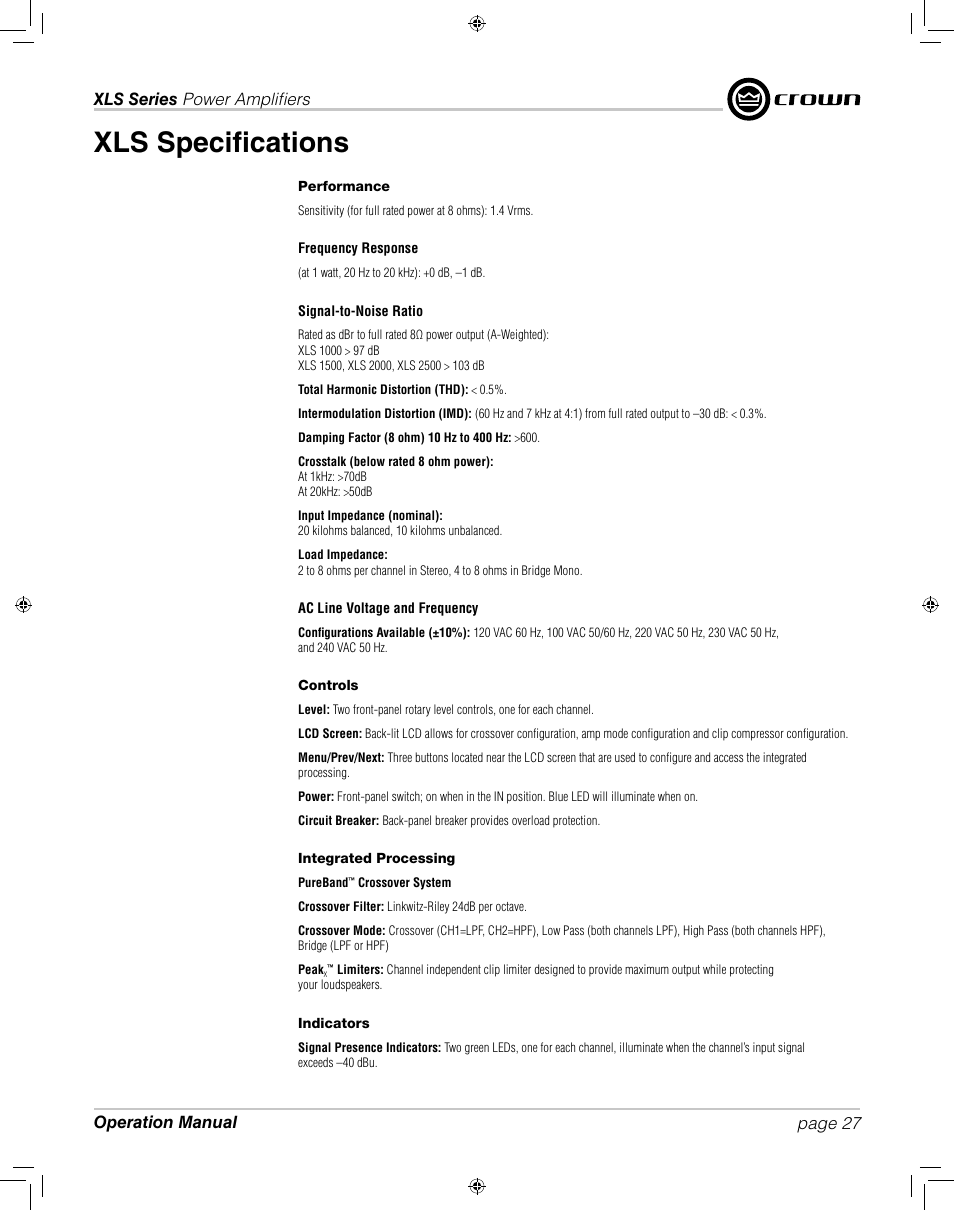 Xls specifi cations | Crown XLS 1000 User Manual | Page 27 / 38