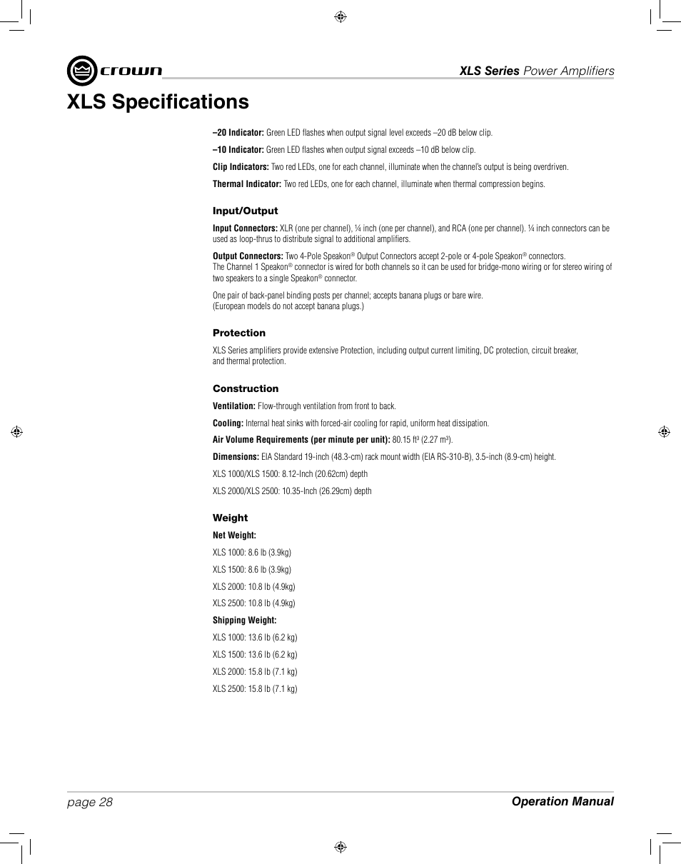 Xls specifi cations | Crown XLS 1000 User Manual | Page 28 / 38