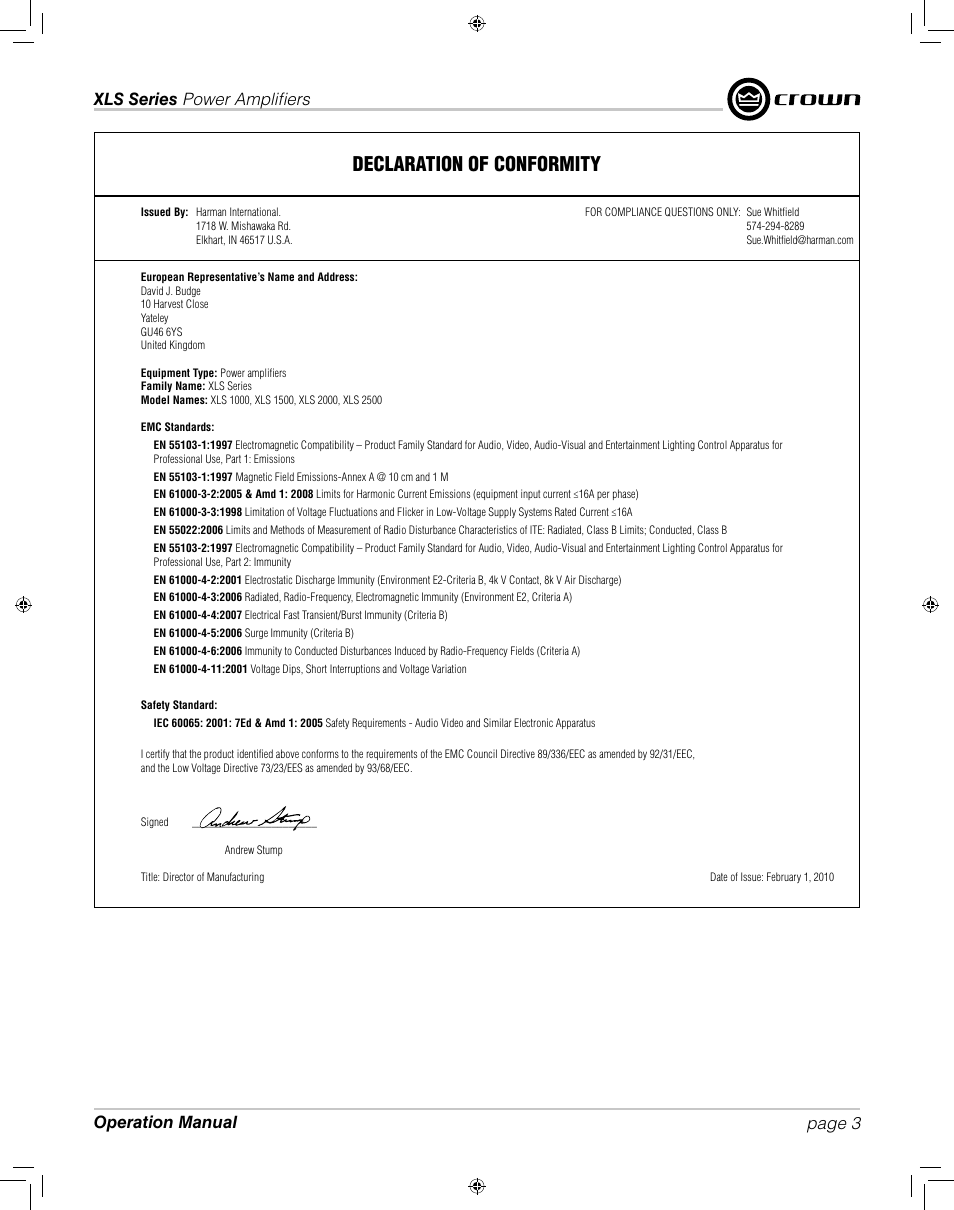 Declaration of conformity | Crown XLS 1000 User Manual | Page 3 / 38