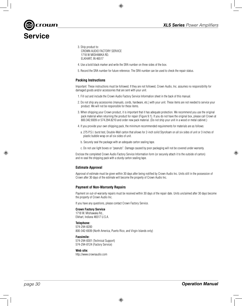 Service | Crown XLS 1000 User Manual | Page 30 / 38