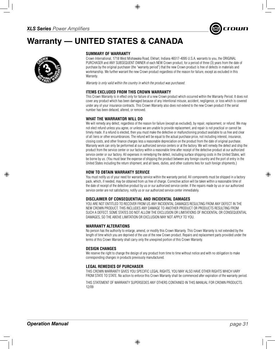 Warranty — united states & canada | Crown XLS 1000 User Manual | Page 31 / 38