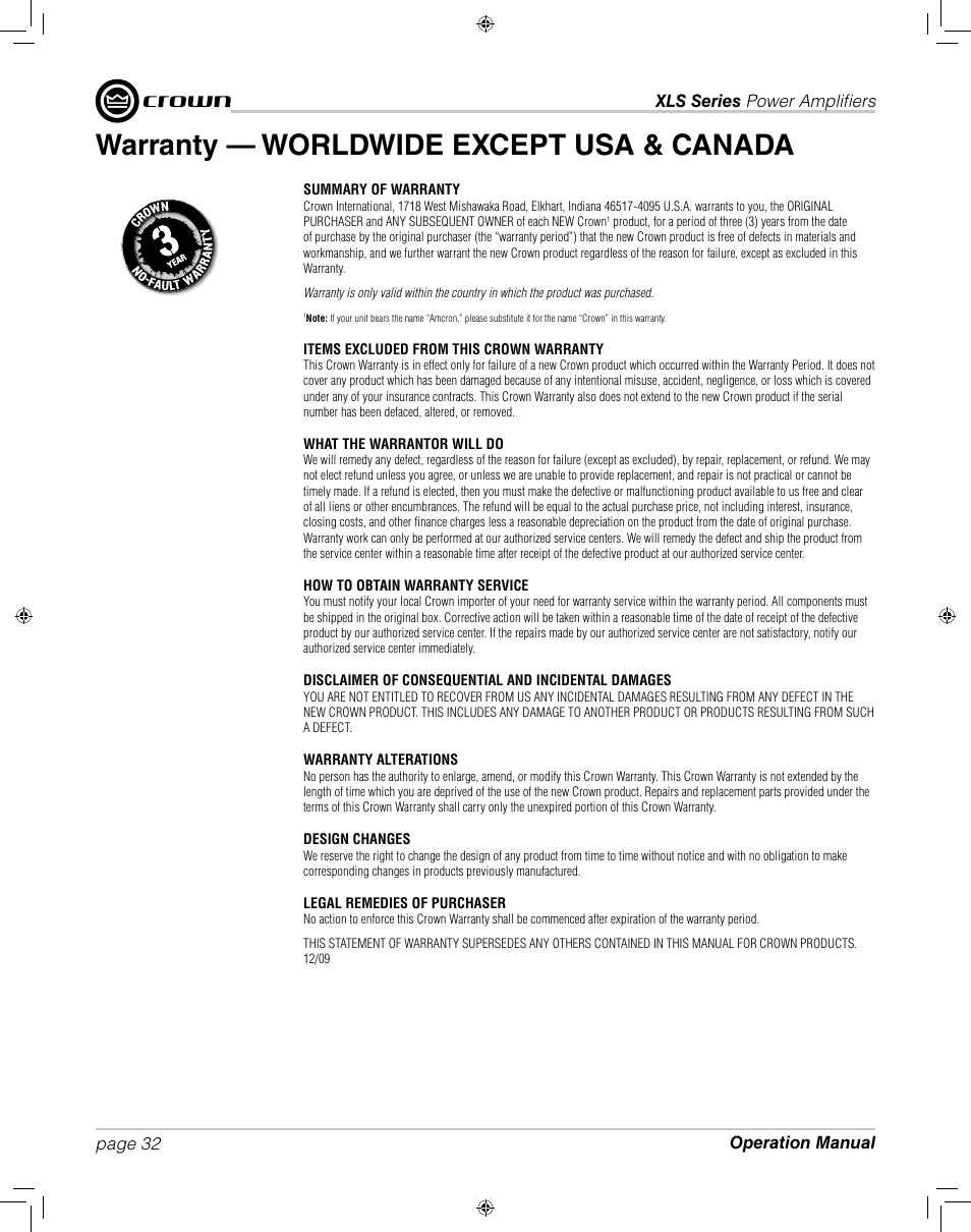 Warranty — worldwide except usa & canada | Crown XLS 1000 User Manual | Page 32 / 38