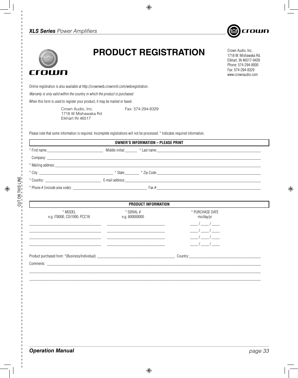 Product registration | Crown XLS 1000 User Manual | Page 33 / 38