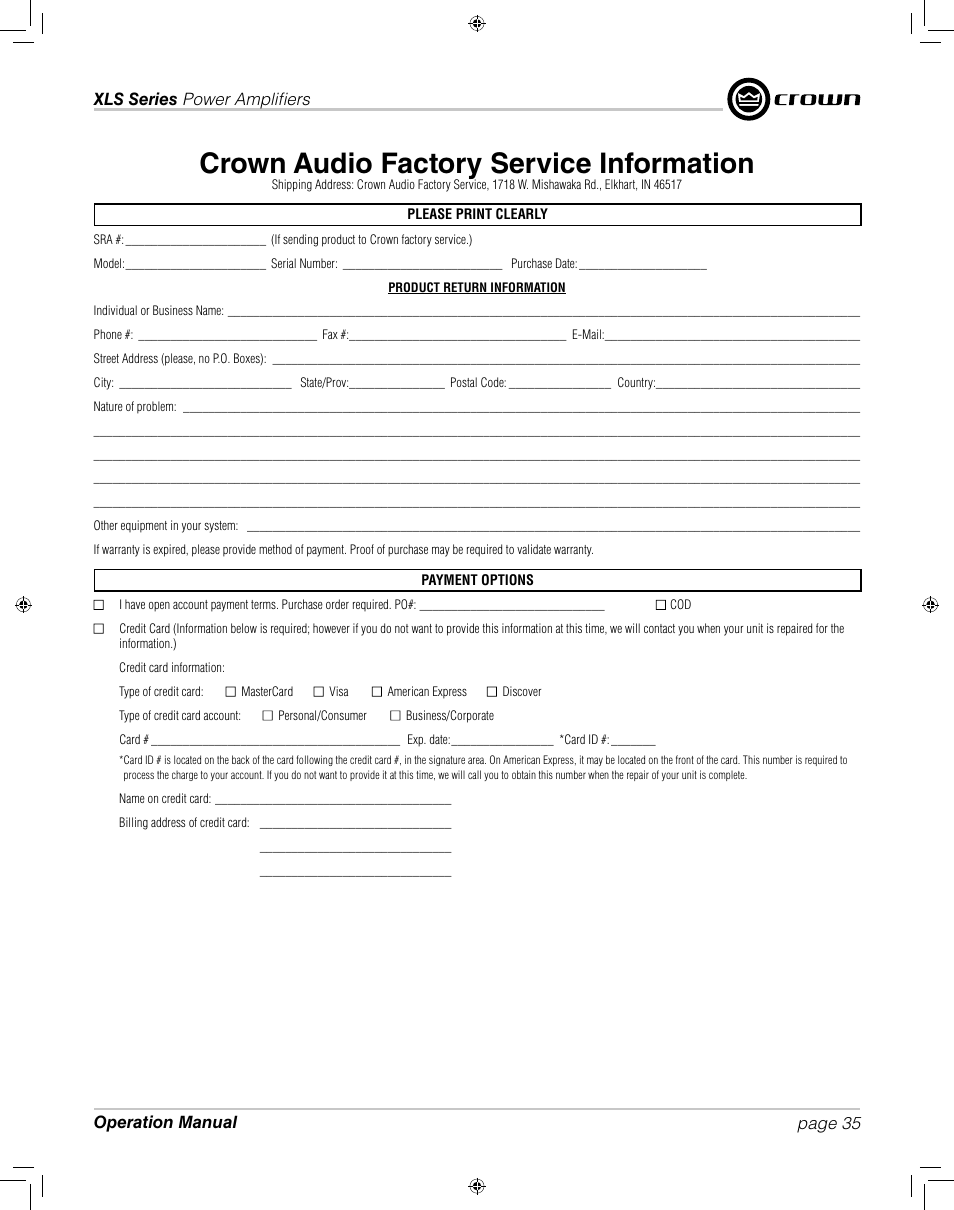 Crown audio factory service information | Crown XLS 1000 User Manual | Page 35 / 38