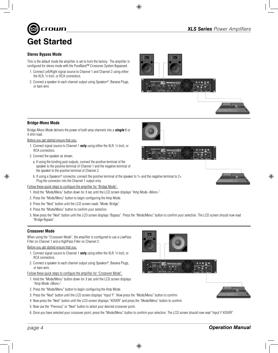 Get started | Crown XLS 1000 User Manual | Page 4 / 38