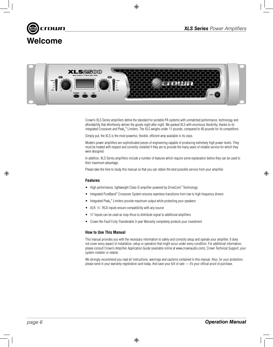 Welcome | Crown XLS 1000 User Manual | Page 6 / 38