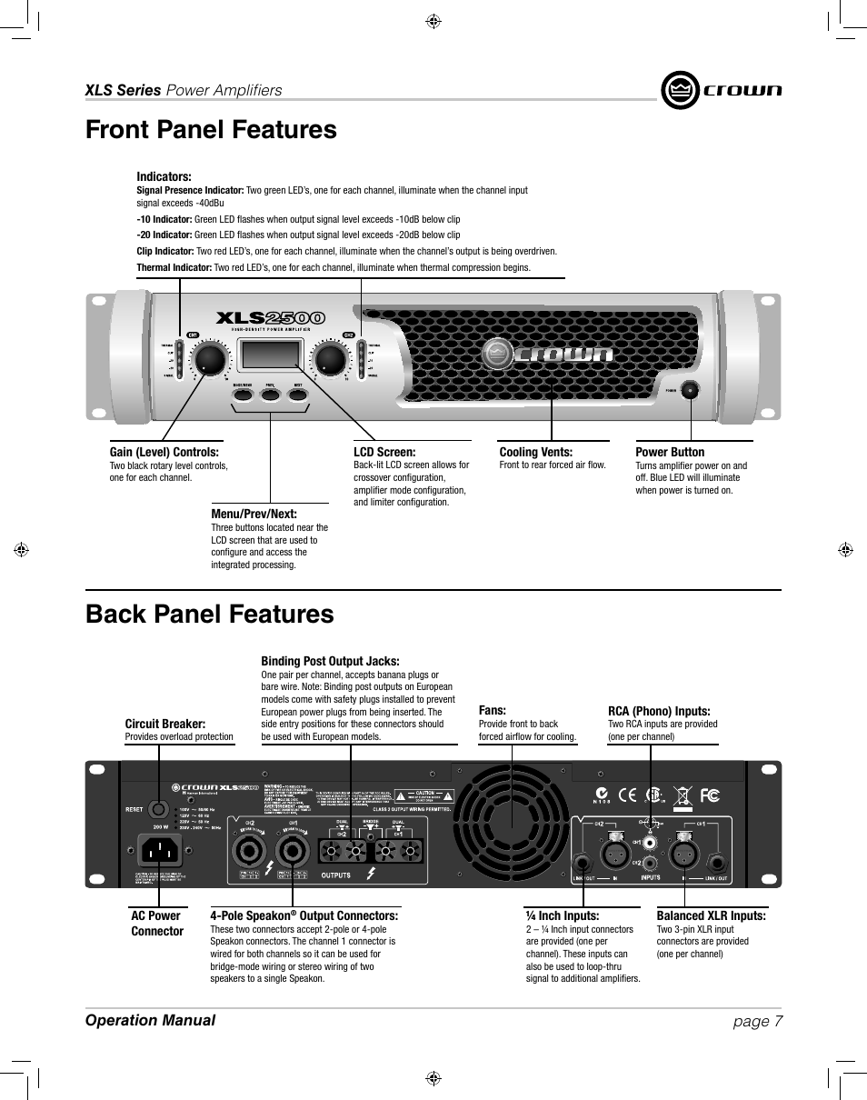 Front panel features back panel features | Crown XLS 1000 User Manual | Page 7 / 38