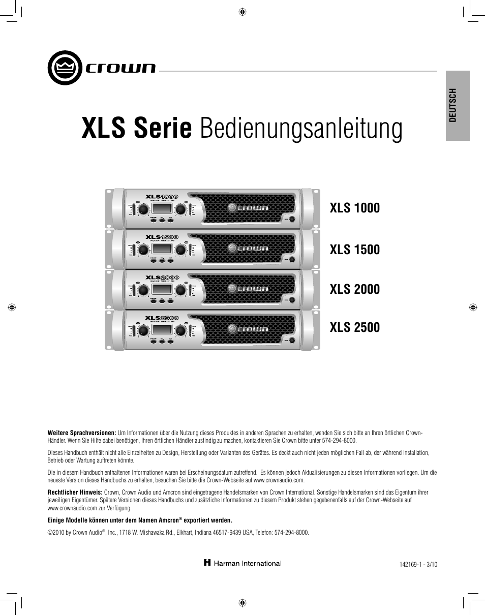 Xls serie bedienungsanleitung | Crown XLS 1000 User Manual | Page 9 / 38