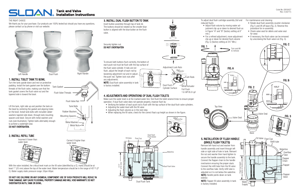 Sloan Tank and Valve Installation User Manual | 2 pages