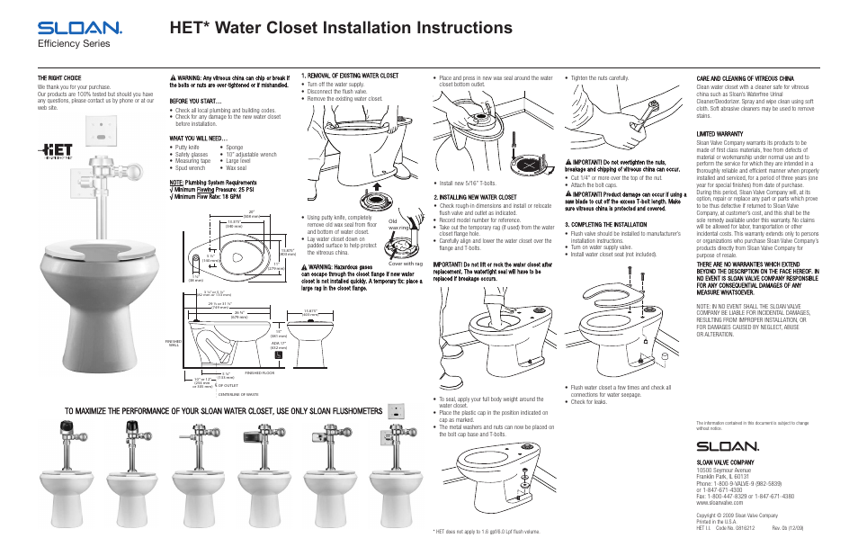Sloan Top Spud Floor Mount Toilets User Manual | 2 pages