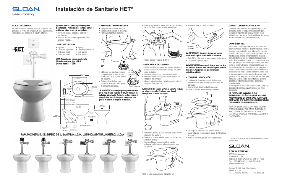 Instalación de sanitario het, Serie efficiency | Sloan Top Spud Floor Mount Toilets User Manual | Page 2 / 2