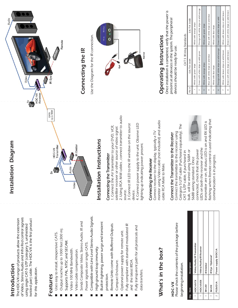 Introduction, Features, What’s in the box | Installation diagram, Installation instructions operating instructions, Connecting the ir, Connecting the transmitter, Connecting the receiver, Connect the transmitter to the receiver, Use the diagram for the ir connection | Smart Avi HDCVX User Manual | Page 2 / 2