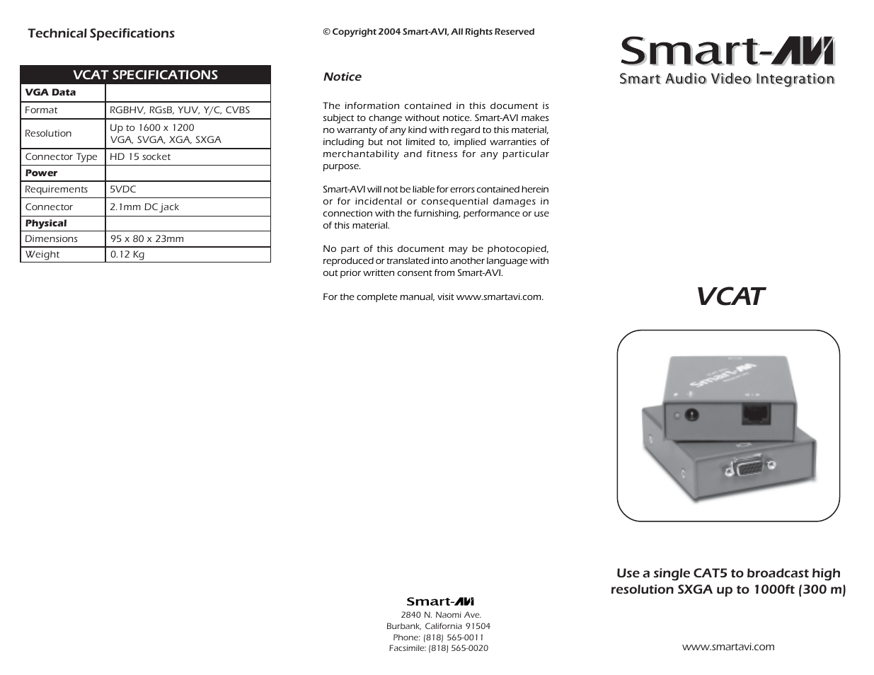 Smart Avi VCT-100 User Manual | 2 pages