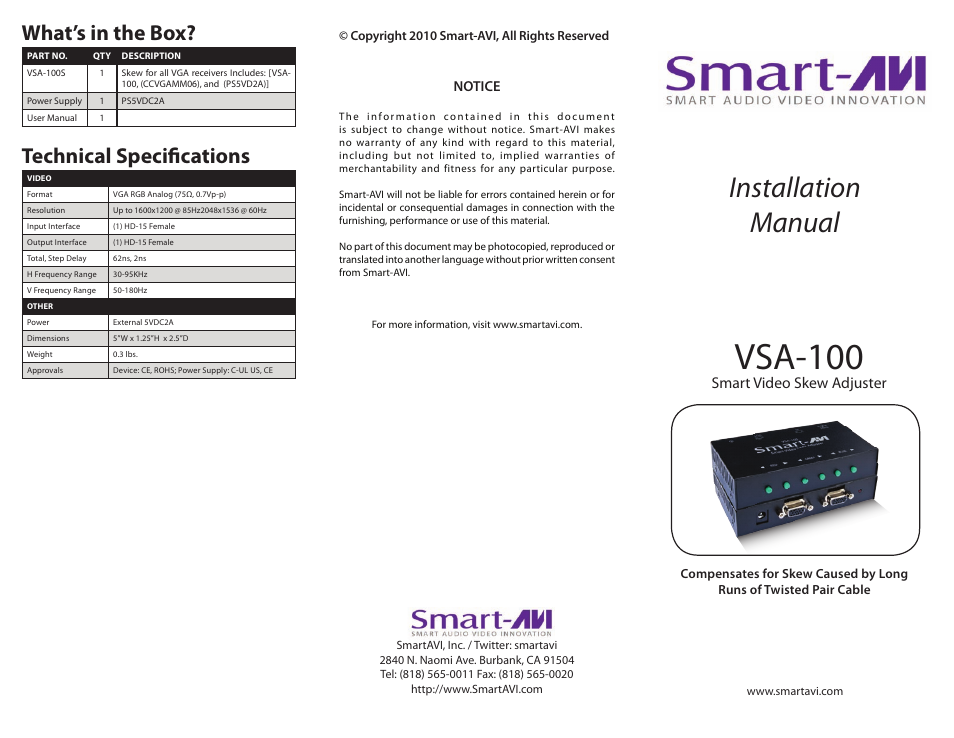 Smart Avi VCA-100 User Manual | 2 pages