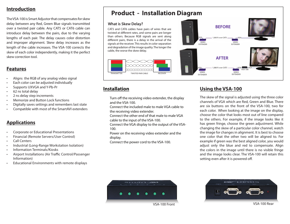 Product - installation diagram, Introduction, Installation | Using the vsa-100, Applications, Features | Smart Avi VCA-100 User Manual | Page 2 / 2
