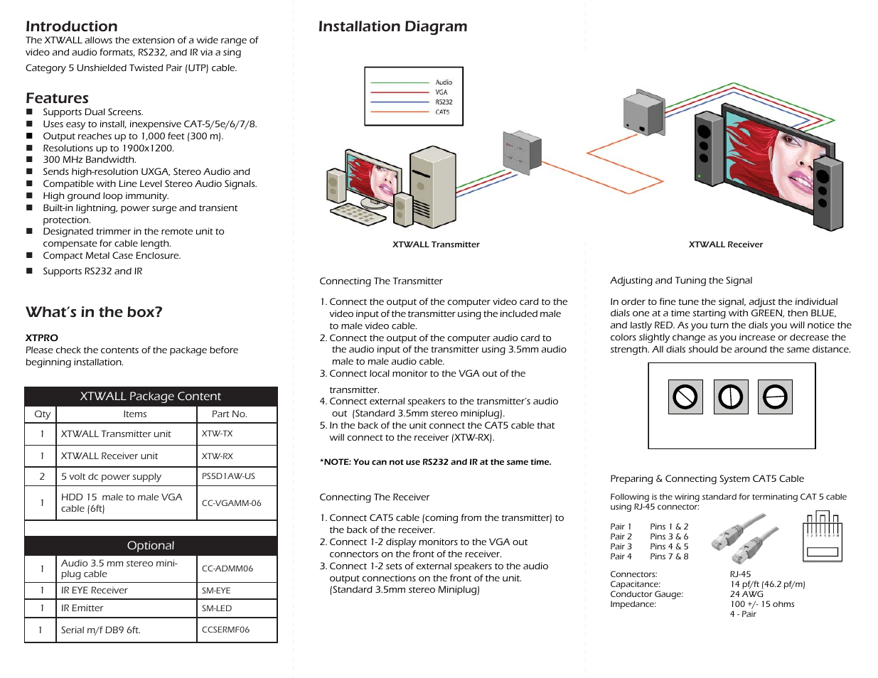 Introduction, Features, What’s in the box | Installation diagram | Smart Avi XTWALL User Manual | Page 2 / 2