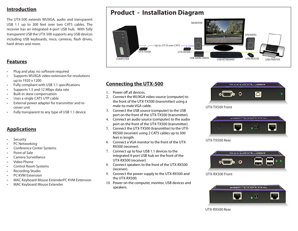 Product - installation diagram, Introduction, Connecting the utx-500 | Applications, Features | Smart Avi UTX-500 User Manual | Page 2 / 2