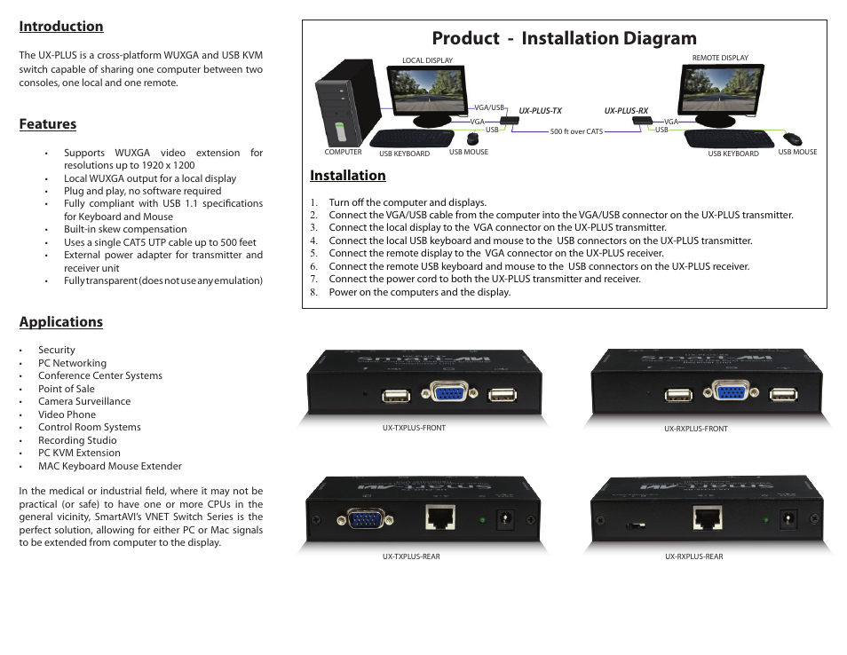 Product - installation diagram, Introduction, Features | Applications, Installation | Smart Avi UX-PLUS User Manual | Page 2 / 2