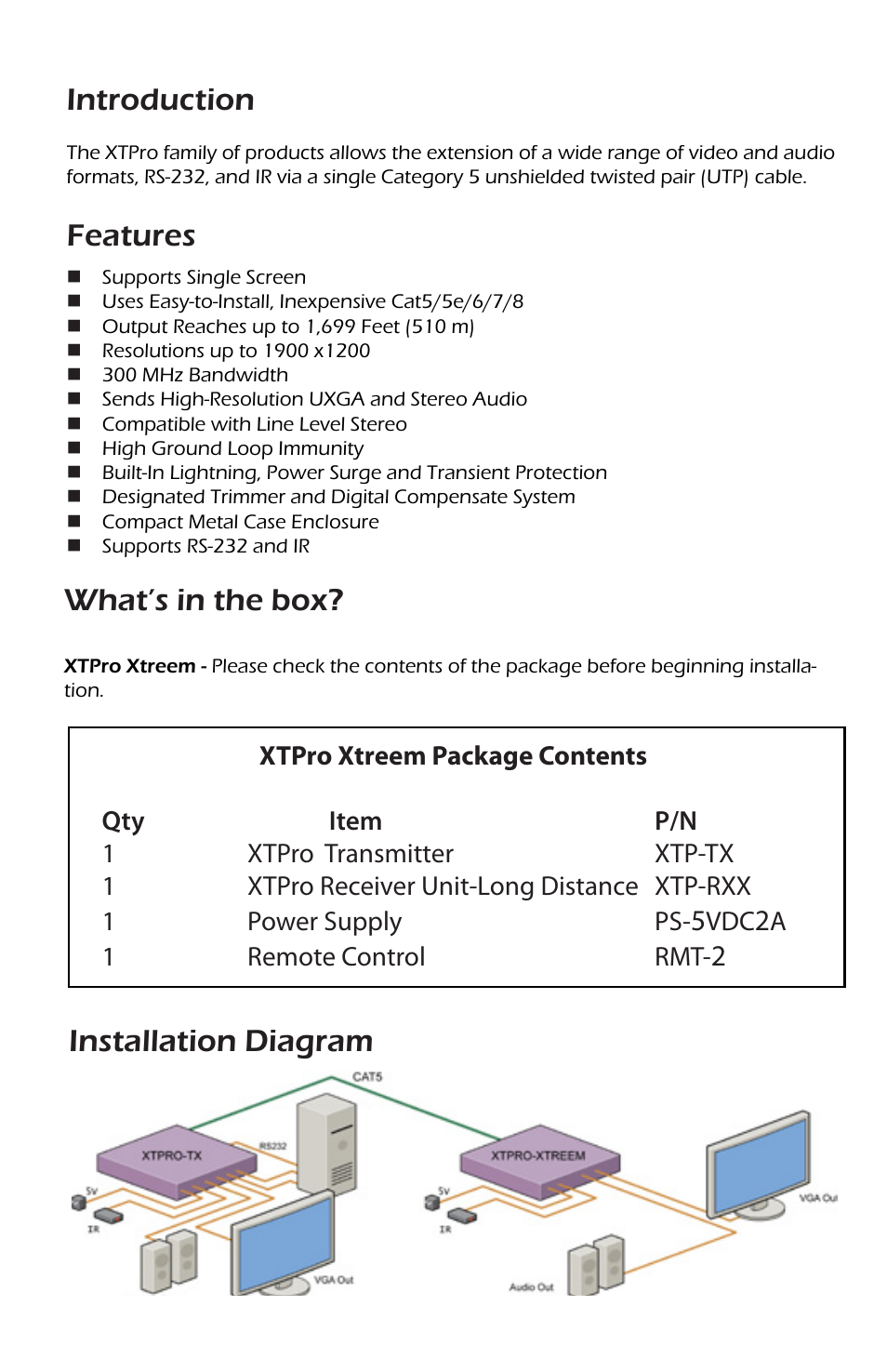 Introduction, Features, What’s in the box | Installation diagram, A1 remote control rmt | Smart Avi XTPro Xtreem User Manual | Page 2 / 8