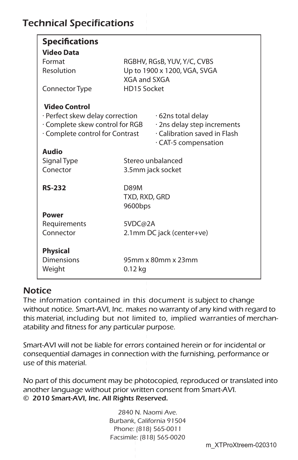 User manual, Xtpro xtreem, Technical specifications | Smart Avi XTPro Xtreem User Manual | Page 8 / 8