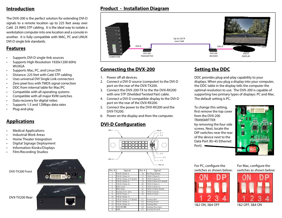 Introduction, Applications, Features | Setting the ddc, Dvi-d configuration, Technical specifications, Esolutions, Dvx-tx200 rear | Smart Avi DVX-200 User Manual | Page 2 / 2