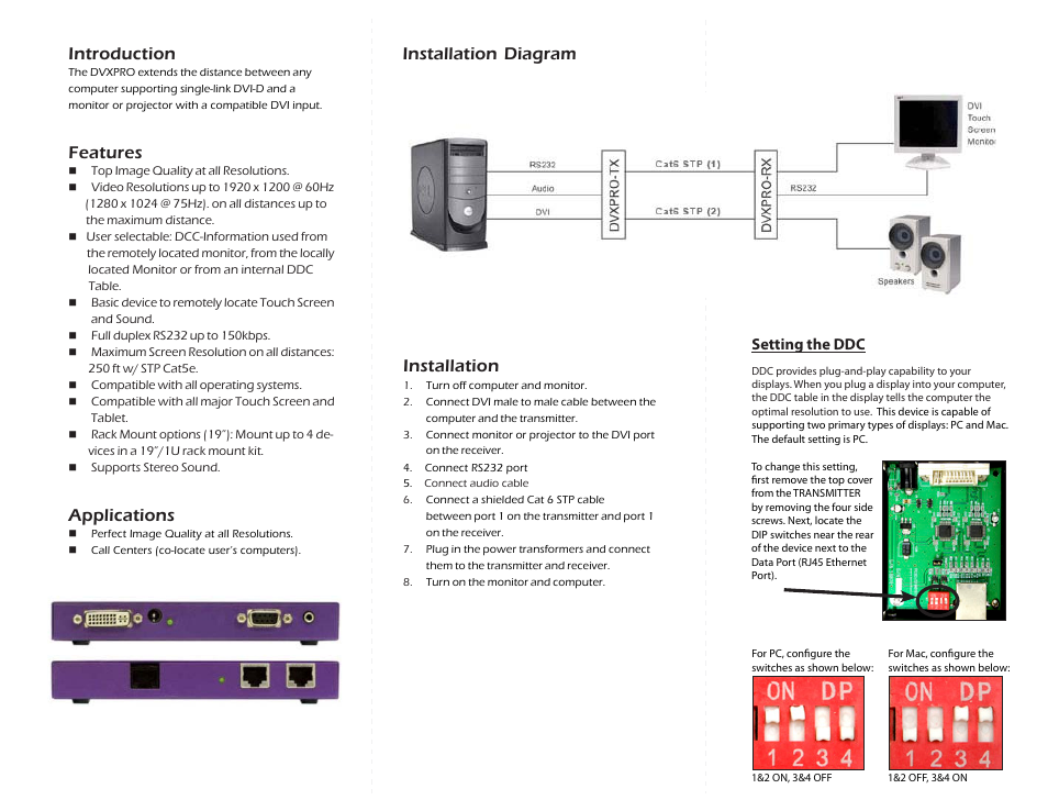 Introduction, Features, Applications | Installation, Optional ddc pass-through, Installation diagram | Smart Avi DVX-PRO User Manual | Page 2 / 2