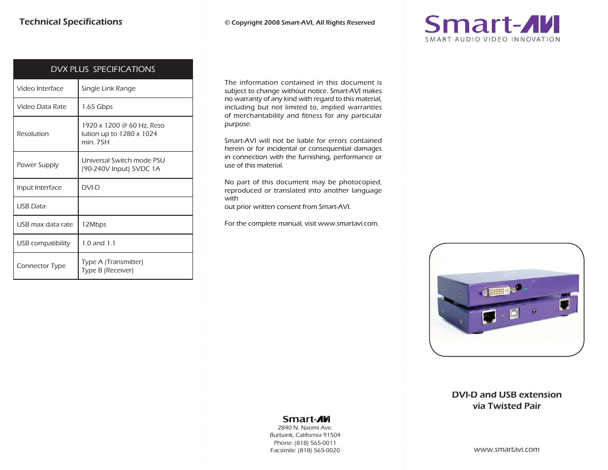 Smart Avi DVX-PLUS User Manual | 2 pages