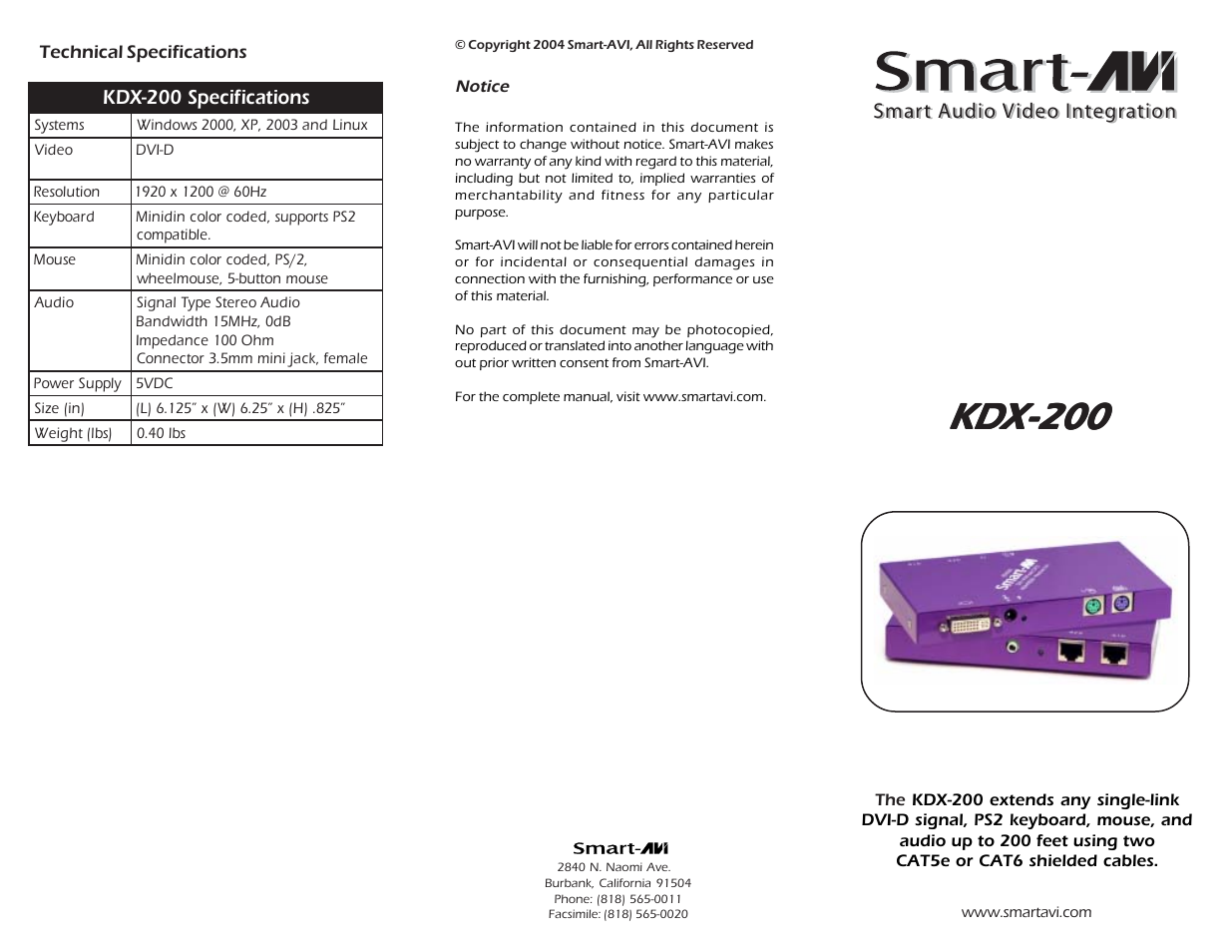 Smart Avi KDX200 User Manual | 2 pages